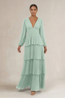 V-Neck Tiered A-Line Long Sleeve Bridesmaid Dress in Sage | KISSBRIDAL