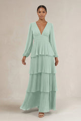 V-Neck Tiered A-Line Long Sleeve Bridesmaid Dress in Sage | KISSBRIDAL