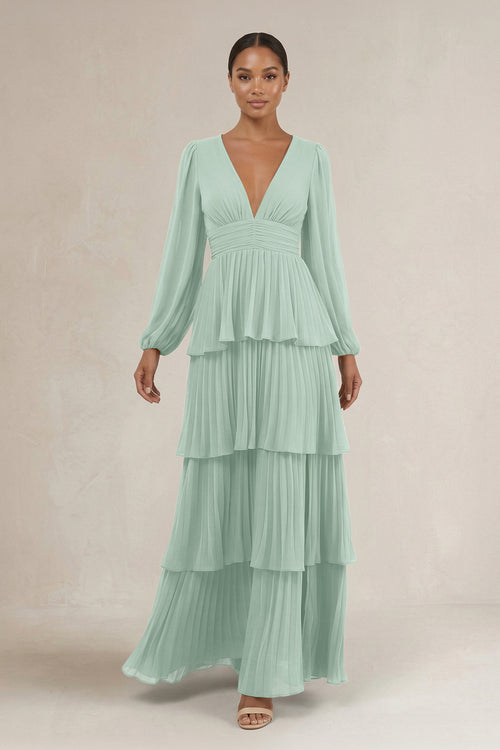 V-Neck Tiered A-Line Long Sleeve Bridesmaid Dress in Sage | KISSBRIDAL