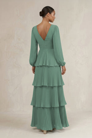 V-Neck Tiered A-Line Long Sleeve Bridesmaid Dress in Sea Glass (2) | KISSBRIDAL