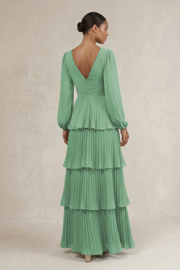 V - Neck Tiered A - Line Long Sleeve Bridesmaid Dress in Sea Glass - SHE IS ME Bridesmaid Dresses