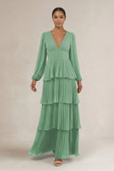 V - Neck Tiered A - Line Long Sleeve Bridesmaid Dress in Sea Glass - SHE IS ME Bridesmaid Dresses
