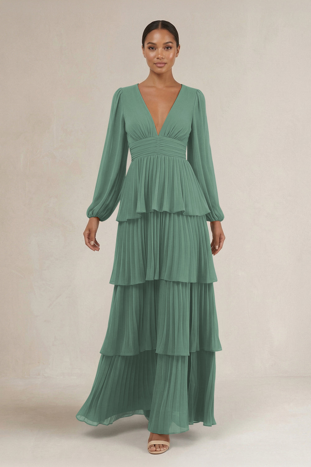 V-Neck Tiered A-Line Long Sleeve Bridesmaid Dress in Sea Glass