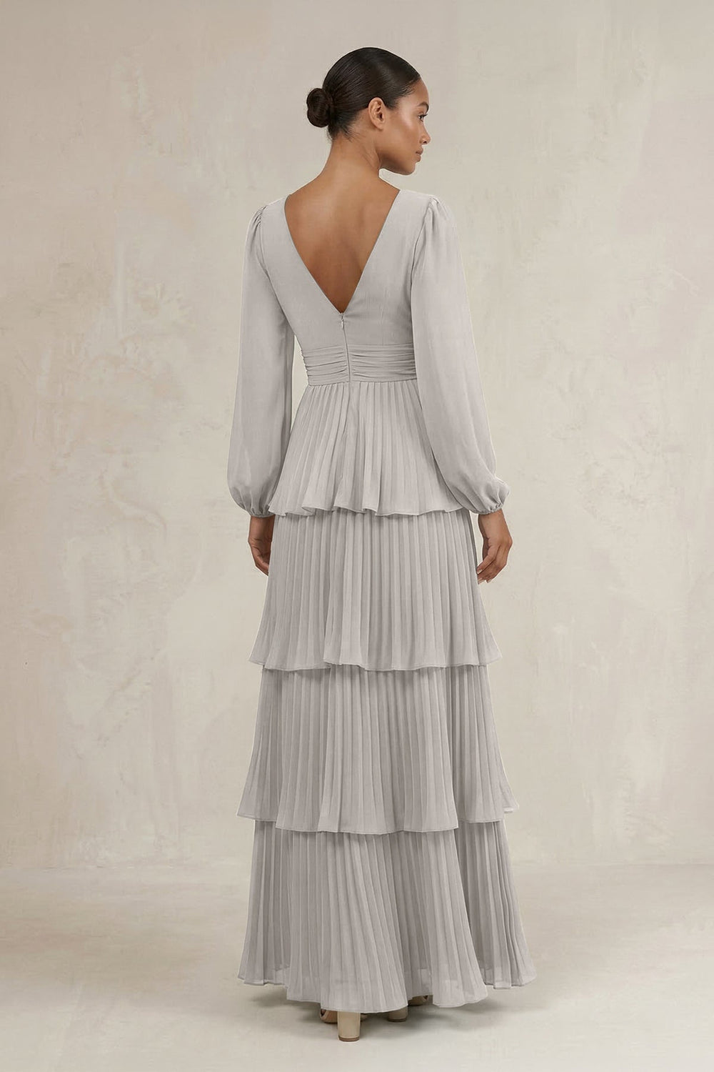 V - Neck Tiered A - Line Long Sleeve Bridesmaid Dress in Silver - KISS BRIDAL Bridesmaid Dresses