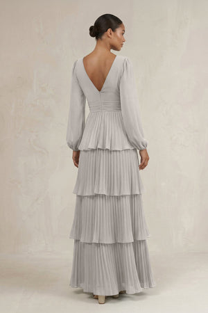 V - Neck Tiered A - Line Long Sleeve Bridesmaid Dress in Silver - SHE IS ME Bridesmaid Dresses
