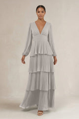 V - Neck Tiered A - Line Long Sleeve Bridesmaid Dress in Silver - KISS BRIDAL Bridesmaid Dresses