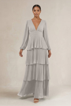 V - Neck Tiered A - Line Long Sleeve Bridesmaid Dress in Silver - SHE IS ME Bridesmaid Dresses