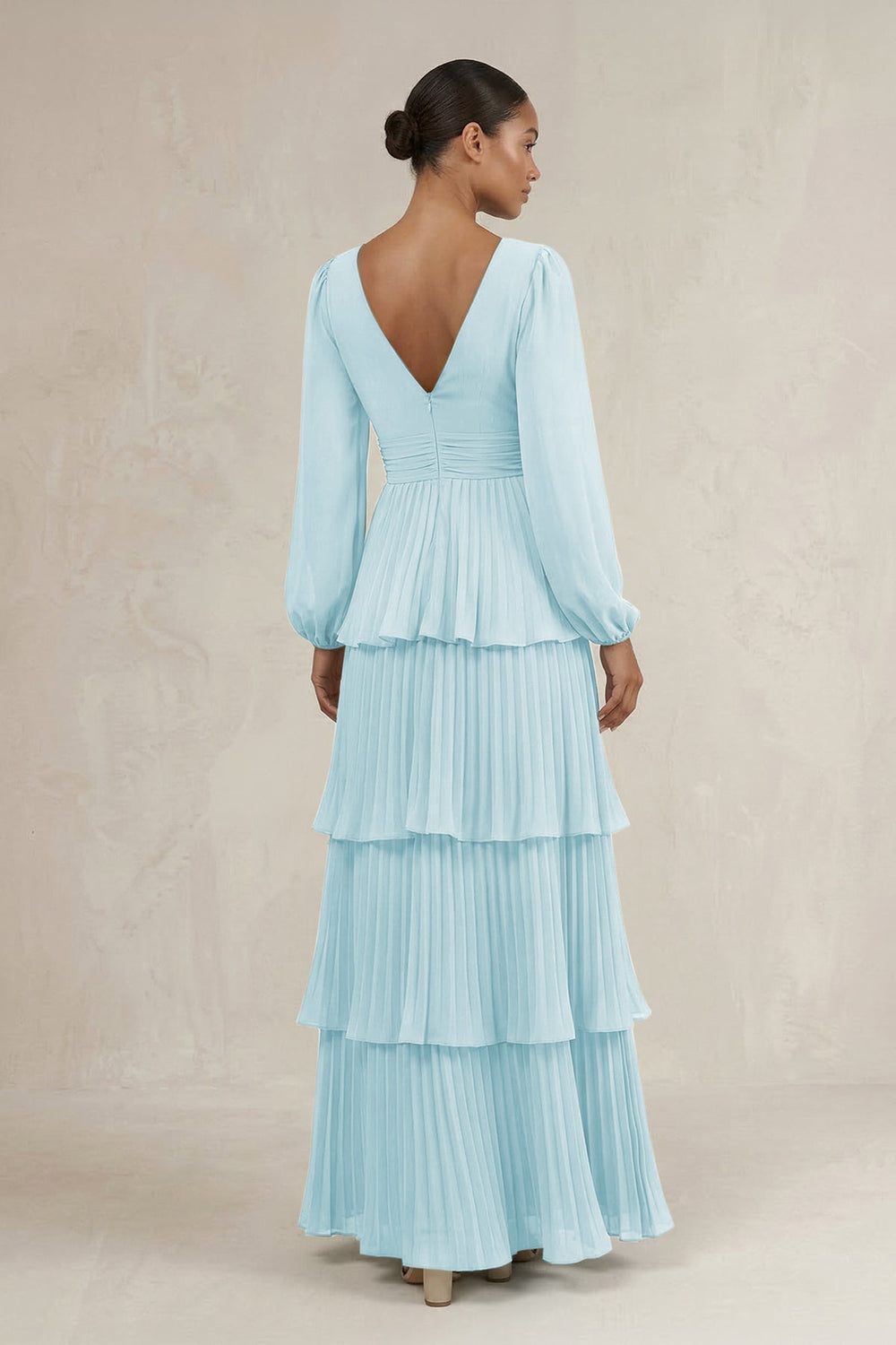 V - Neck Tiered A - Line Long Sleeve Bridesmaid Dress in Sky Blue - KISS BRIDAL Bridesmaid Dresses