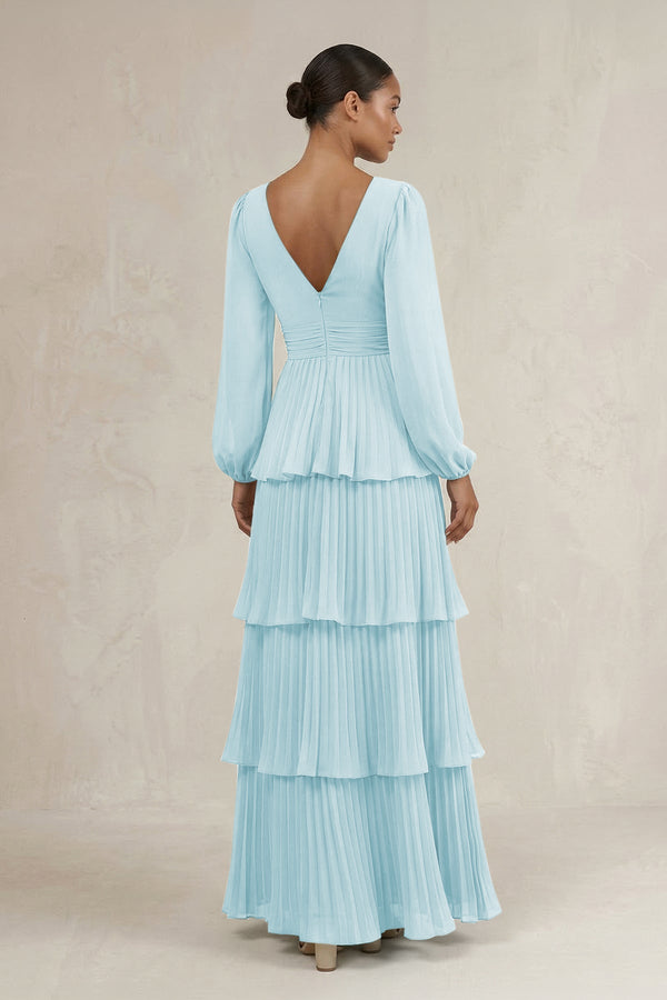 V - Neck Tiered A - Line Long Sleeve Bridesmaid Dress in Sky Blue - SHE IS ME Bridesmaid Dresses