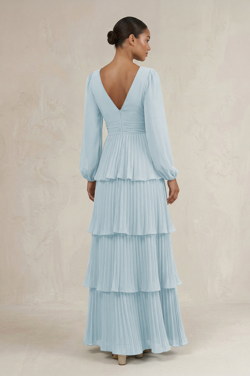 V-Neck Tiered A-Line Long Sleeve Bridesmaid Dress in Sky Blue