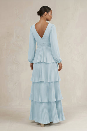 V-Neck Tiered A-Line Long Sleeve Bridesmaid Dress in Sky Blue (2) | KISSBRIDAL
