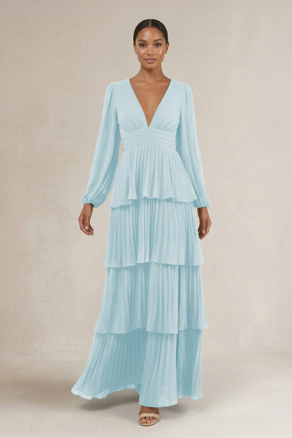 V - Neck Tiered A - Line Long Sleeve Bridesmaid Dress in Sky Blue - KISS BRIDAL Bridesmaid Dresses