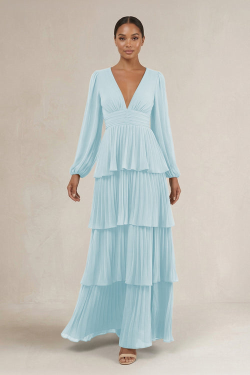 V - Neck Tiered A - Line Long Sleeve Bridesmaid Dress in Sky Blue - SHE IS ME Bridesmaid Dresses