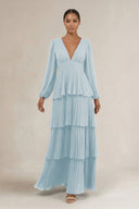 V-Neck Tiered A-Line Long Sleeve Bridesmaid Dress in Sky Blue | KISSBRIDAL