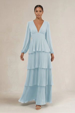 V-Neck Tiered A-Line Long Sleeve Bridesmaid Dress in Sky Blue | KISSBRIDAL