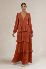 V - Neck Tiered A - Line Long Sleeve Bridesmaid Dress in Spice - KISS BRIDAL Bridesmaid Dresses