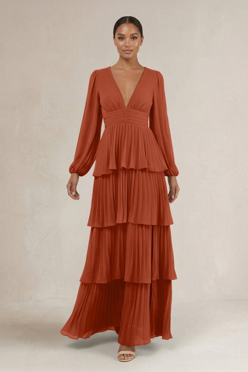 V - Neck Tiered A - Line Long Sleeve Bridesmaid Dress in Spice - SHE IS ME Bridesmaid Dresses