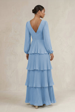 V-Neck Tiered A-Line Long Sleeve Bridesmaid Dress in Steel Blue (2) | KISSBRIDAL