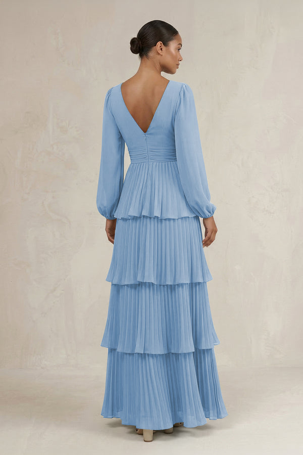 V-Neck Tiered A-Line Long Sleeve Bridesmaid Dress in Steel Blue (2) | KISSBRIDAL