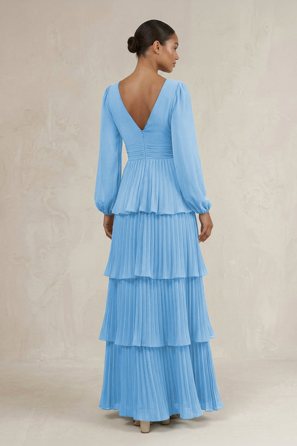 V - Neck Tiered A - Line Long Sleeve Bridesmaid Dress in Steel Blue - SHE IS ME Bridesmaid Dresses