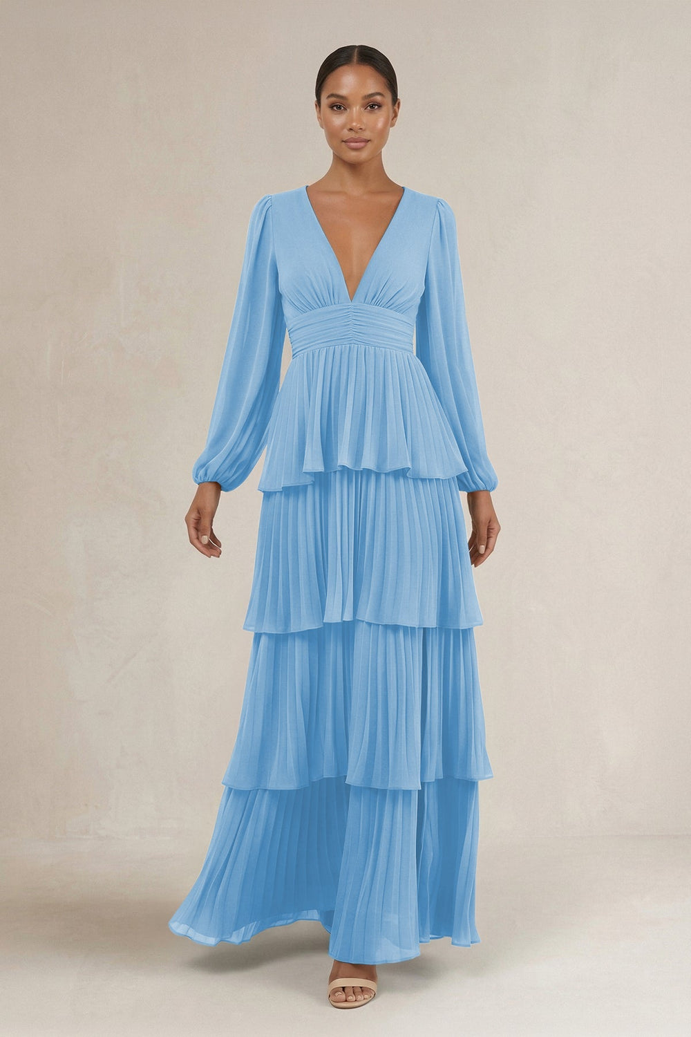 V - Neck Tiered A - Line Long Sleeve Bridesmaid Dress in Steel Blue - KISS BRIDAL Bridesmaid Dresses