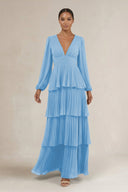 V - Neck Tiered A - Line Long Sleeve Bridesmaid Dress in Steel Blue - SHE IS ME Bridesmaid Dresses