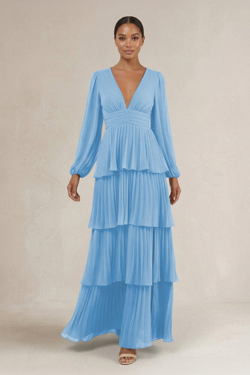 V - Neck Tiered A - Line Long Sleeve Bridesmaid Dress in Steel Blue - SHE IS ME Bridesmaid Dresses