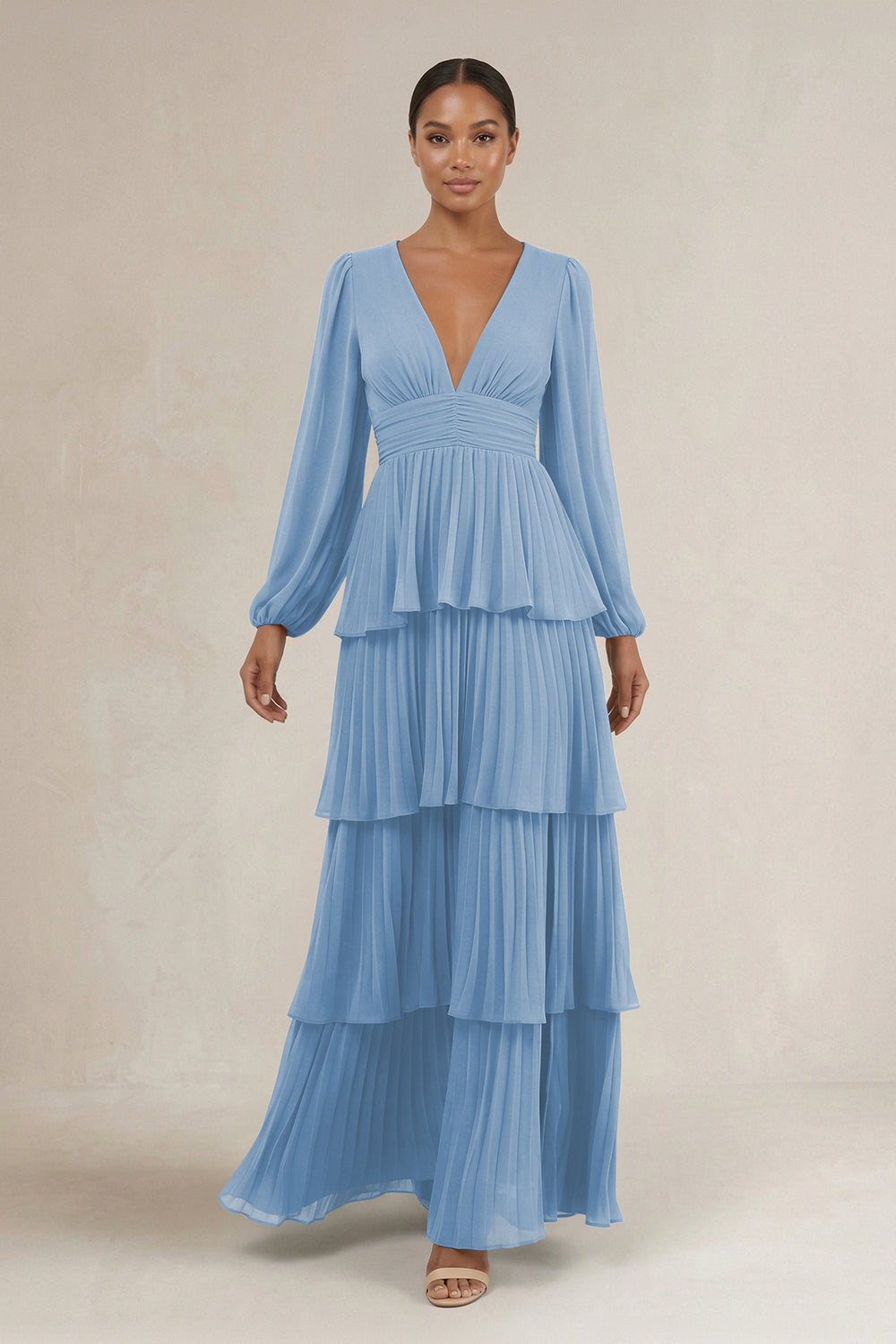 V-Neck Tiered A-Line Long Sleeve Bridesmaid Dress in Steel Blue