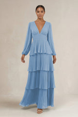 V-Neck Tiered A-Line Long Sleeve Bridesmaid Dress in Steel Blue | KISSBRIDAL