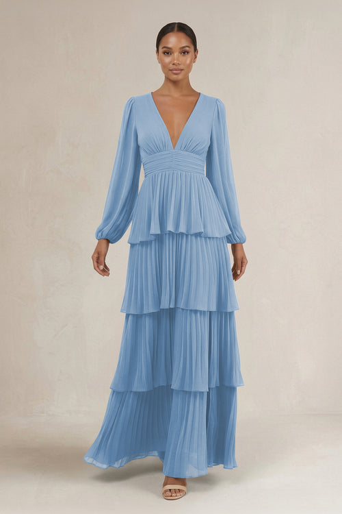 V-Neck Tiered A-Line Long Sleeve Bridesmaid Dress in Steel Blue | KISSBRIDAL