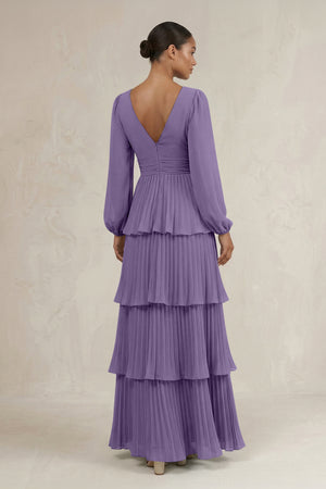 V-Neck Tiered A-Line Long Sleeve Bridesmaid Dress in Tahiti (2) | KISSBRIDAL