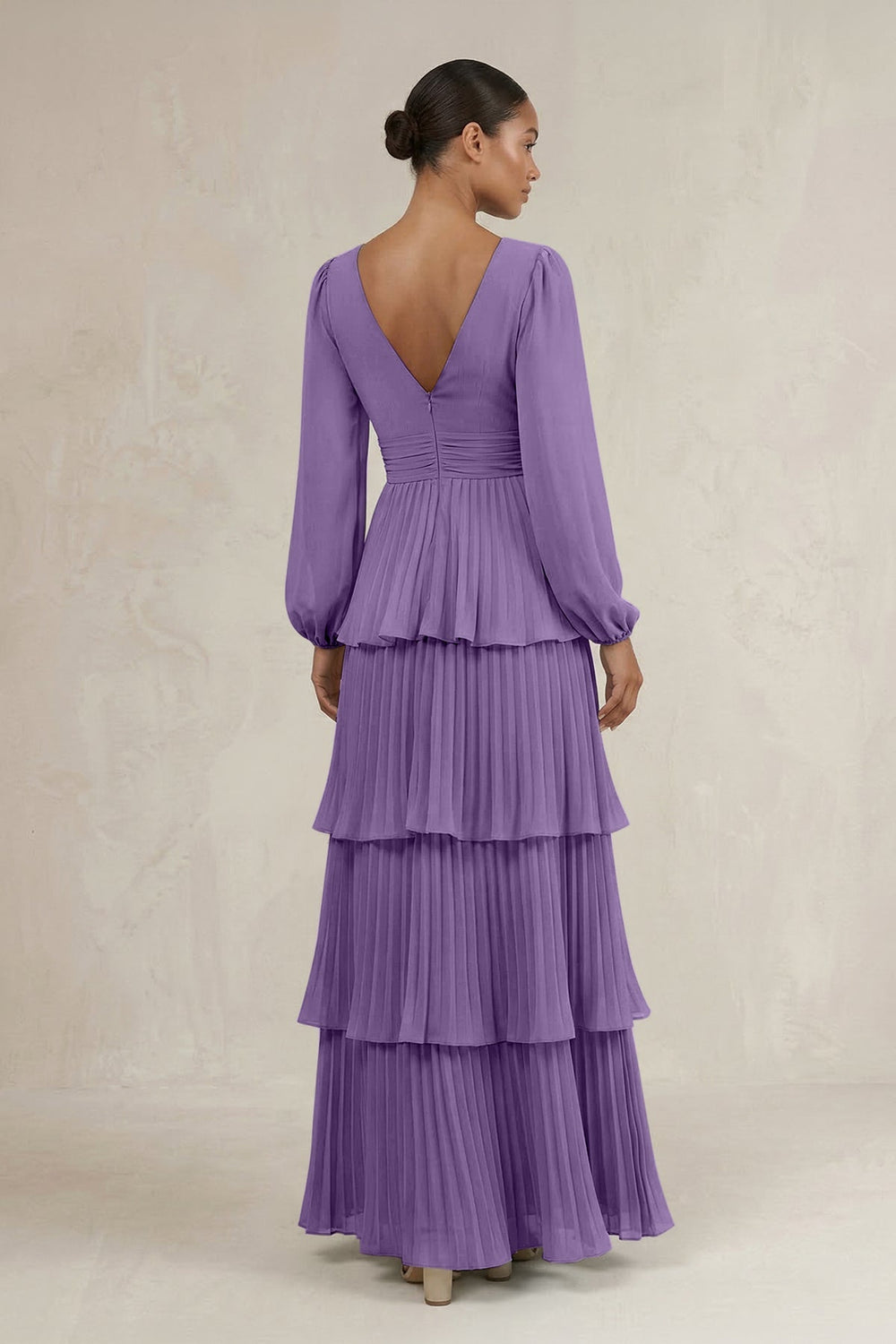V - Neck Tiered A - Line Long Sleeve Bridesmaid Dress in Tahiti - KISS BRIDAL Bridesmaid Dresses