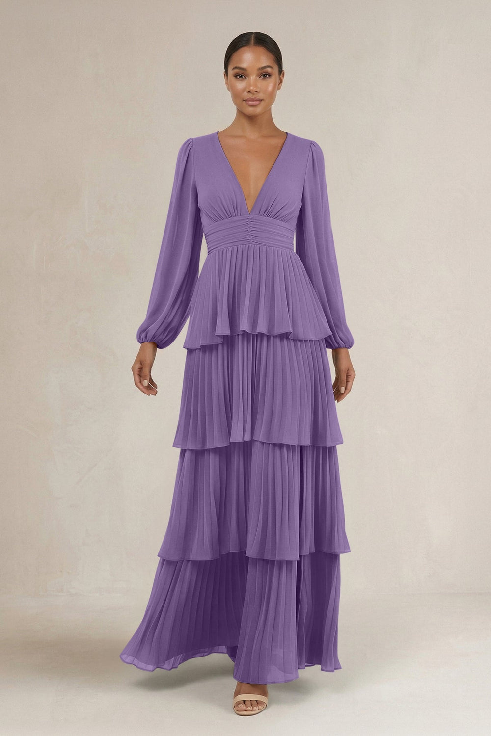 V - Neck Tiered A - Line Long Sleeve Bridesmaid Dress in Tahiti - KISS BRIDAL Bridesmaid Dresses