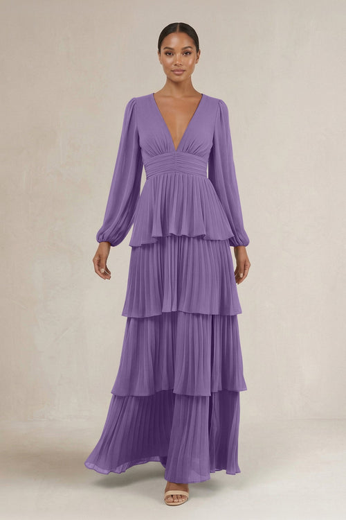 V - Neck Tiered A - Line Long Sleeve Bridesmaid Dress in Tahiti - SHE IS ME Bridesmaid Dresses
