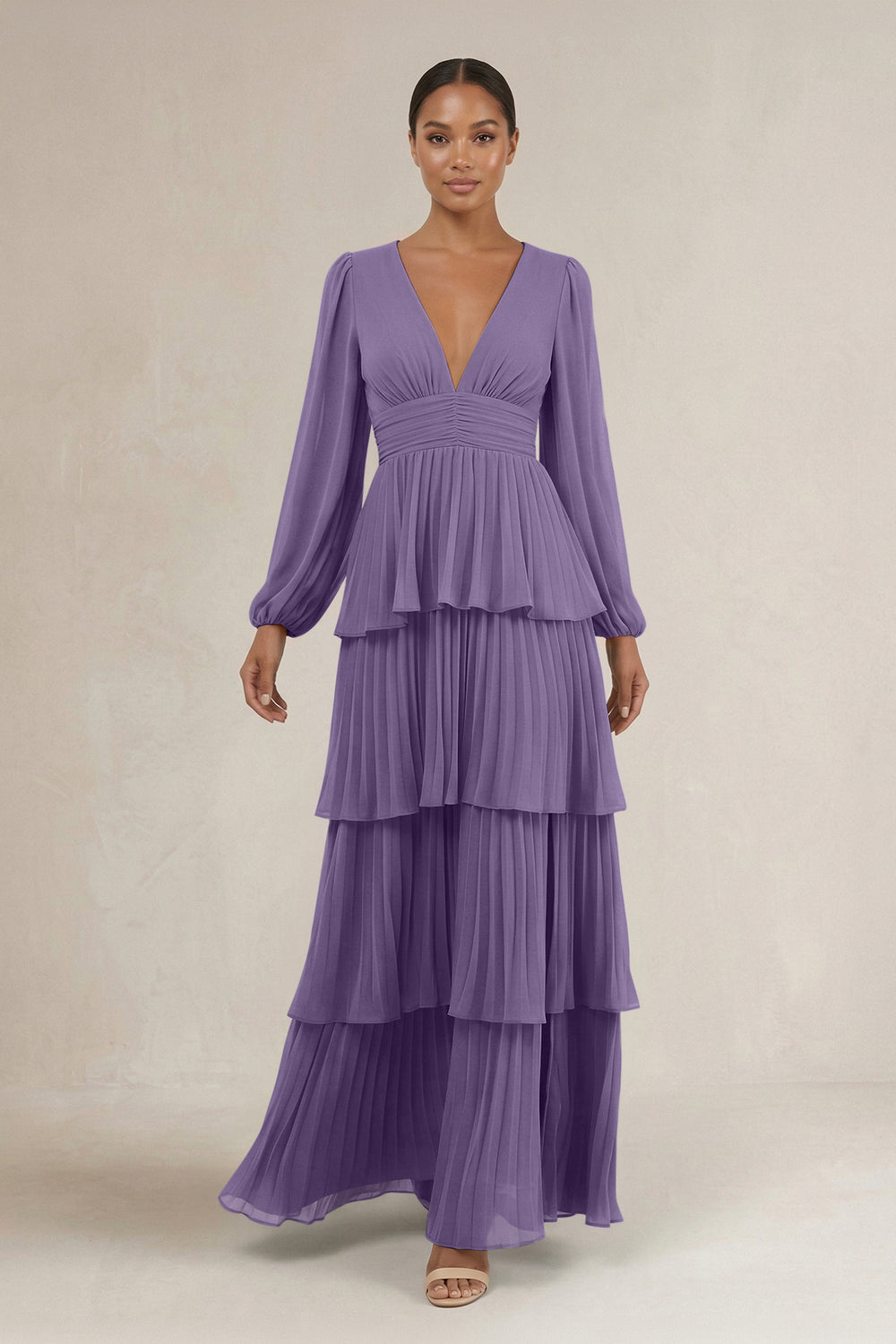 V-Neck Tiered A-Line Long Sleeve Bridesmaid Dress in Tahiti