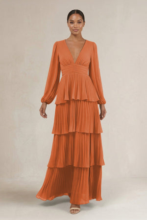V - Neck Tiered A - Line Long Sleeve Bridesmaid Dress in Terracotta - SHE IS ME Bridesmaid Dresses