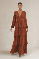 V-Neck Tiered A-Line Long Sleeve Bridesmaid Dress in Terracotta | KISSBRIDAL