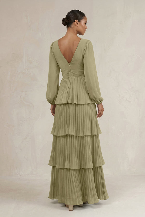V - Neck Tiered A - Line Long Sleeve Bridesmaid Dress in Thyme - SHE IS ME Bridesmaid Dresses
