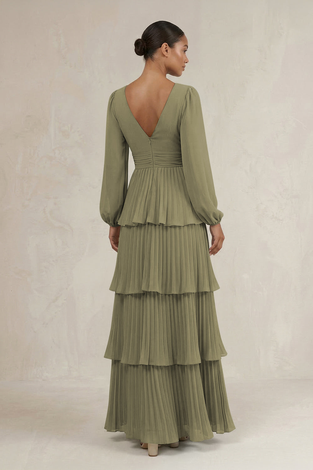 V-Neck Tiered A-Line Long Sleeve Bridesmaid Dress in Thyme