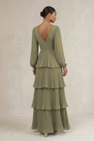 V-Neck Tiered A-Line Long Sleeve Bridesmaid Dress in Thyme (2) | KISSBRIDAL