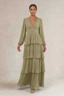 V - Neck Tiered A - Line Long Sleeve Bridesmaid Dress in Thyme - SHE IS ME Bridesmaid Dresses