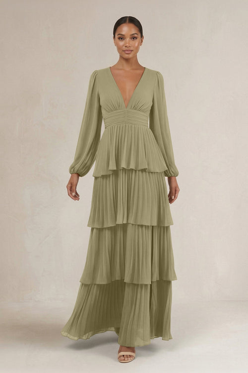 V - Neck Tiered A - Line Long Sleeve Bridesmaid Dress in Thyme - SHE IS ME Bridesmaid Dresses