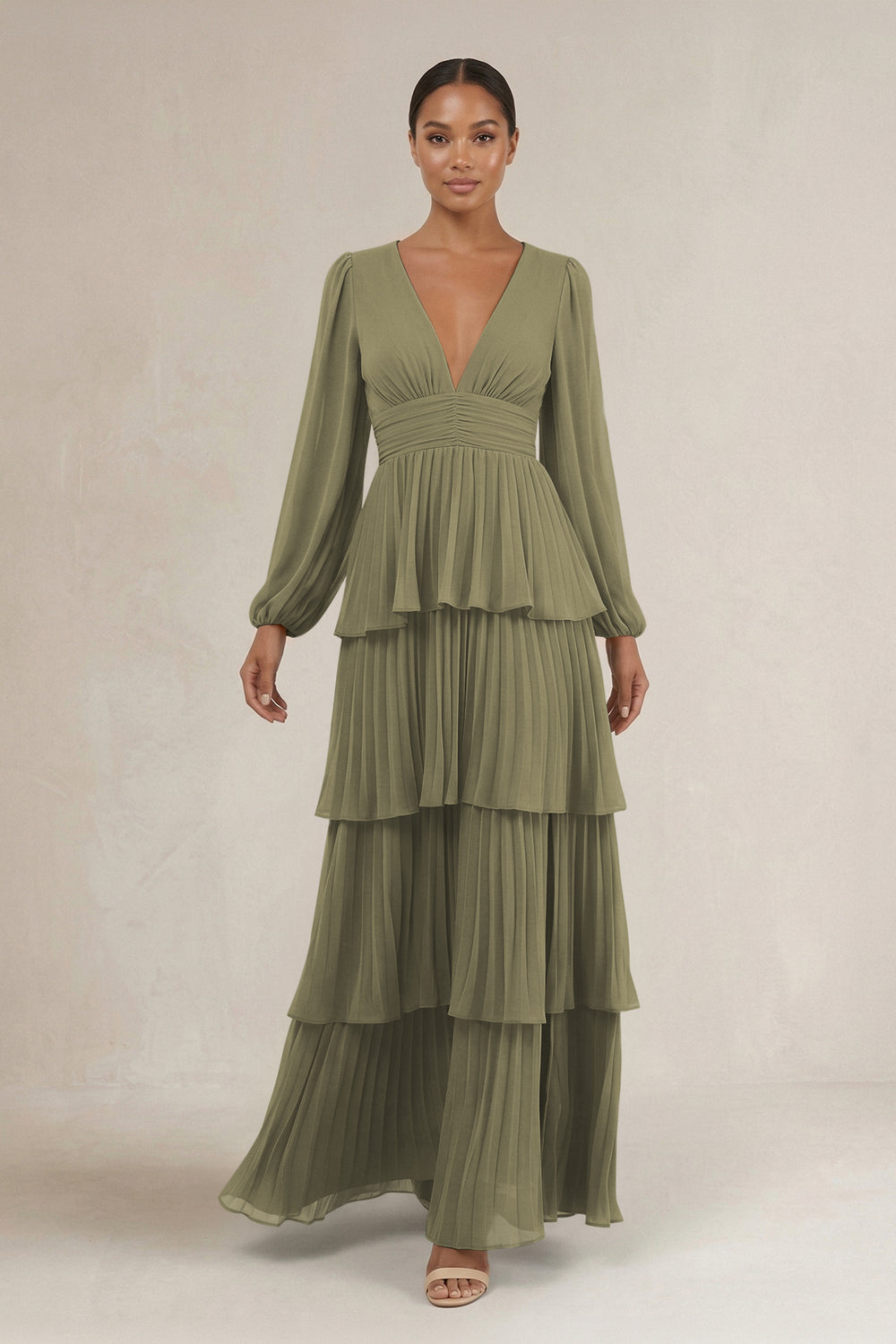 V-Neck Tiered A-Line Long Sleeve Bridesmaid Dress in Thyme