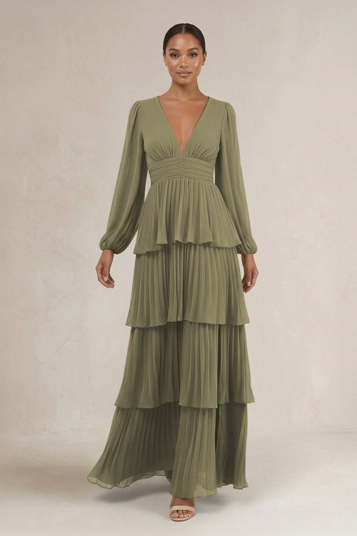 V-Neck Tiered A-Line Long Sleeve Bridesmaid Dress in Thyme | KISSBRIDAL
