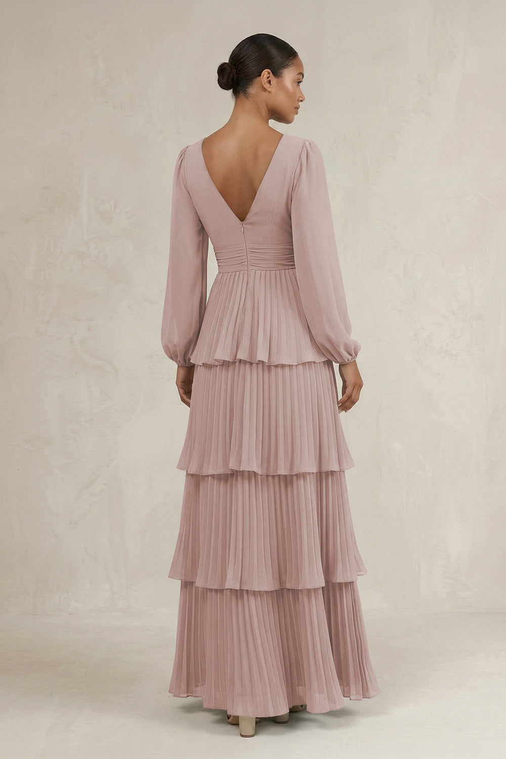 V-Neck Tiered A-Line Long Sleeve Bridesmaid Dress in Toffee