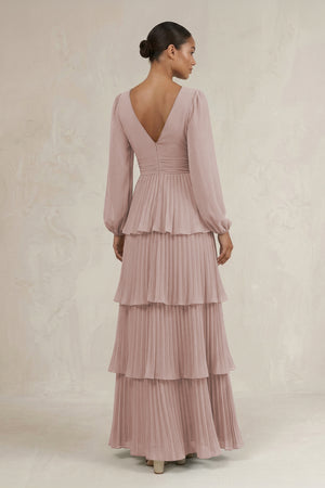 V-Neck Tiered A-Line Long Sleeve Bridesmaid Dress in Toffee (2) | KISSBRIDAL