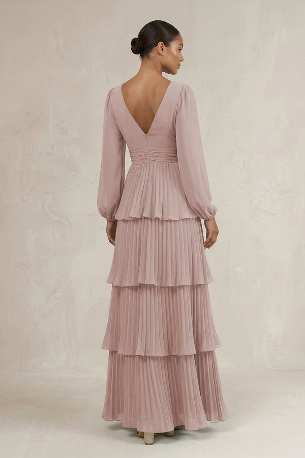V-Neck Tiered A-Line Long Sleeve Bridesmaid Dress in Toffee (2) | KISSBRIDAL