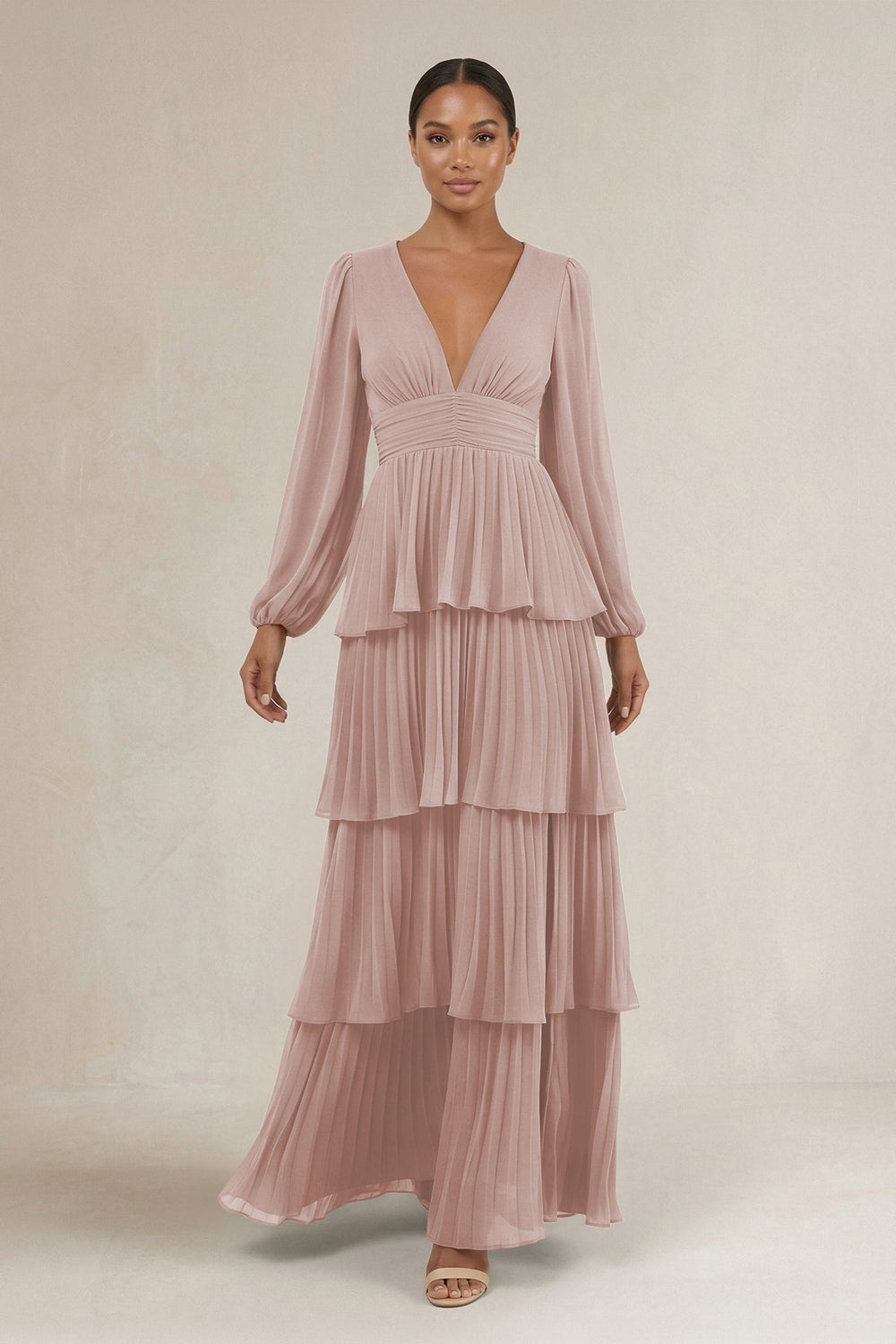 V - Neck Tiered A - Line Long Sleeve Bridesmaid Dress in Toffee - KISS BRIDAL Bridesmaid Dresses