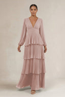 V - Neck Tiered A - Line Long Sleeve Bridesmaid Dress in Toffee - SHE IS ME Bridesmaid Dresses