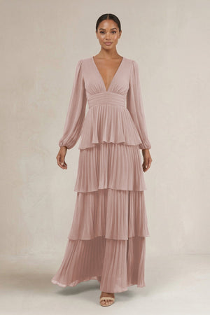 V - Neck Tiered A - Line Long Sleeve Bridesmaid Dress in Toffee - SHE IS ME Bridesmaid Dresses